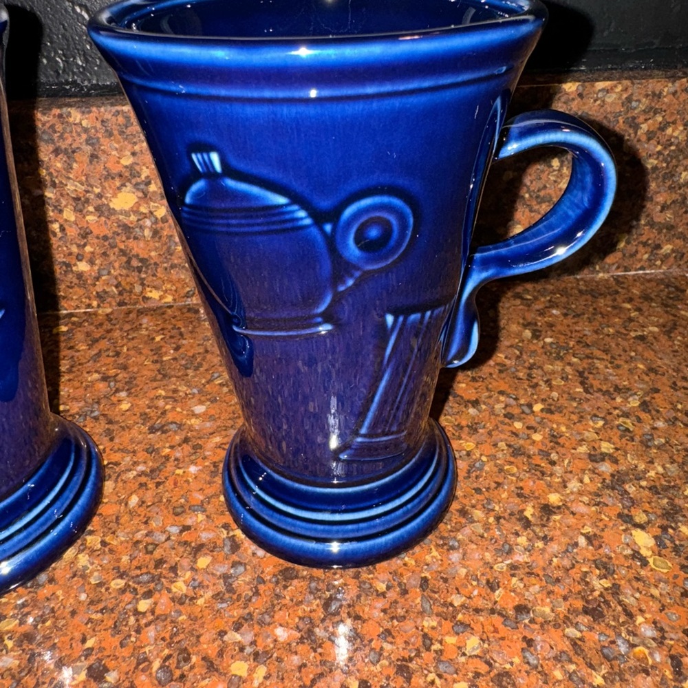 Homer Laughlin Fiesta Cobalt Blue Latte Pedestal Coffee HLC Embossed 6" Mugs - Picture 2 of 7